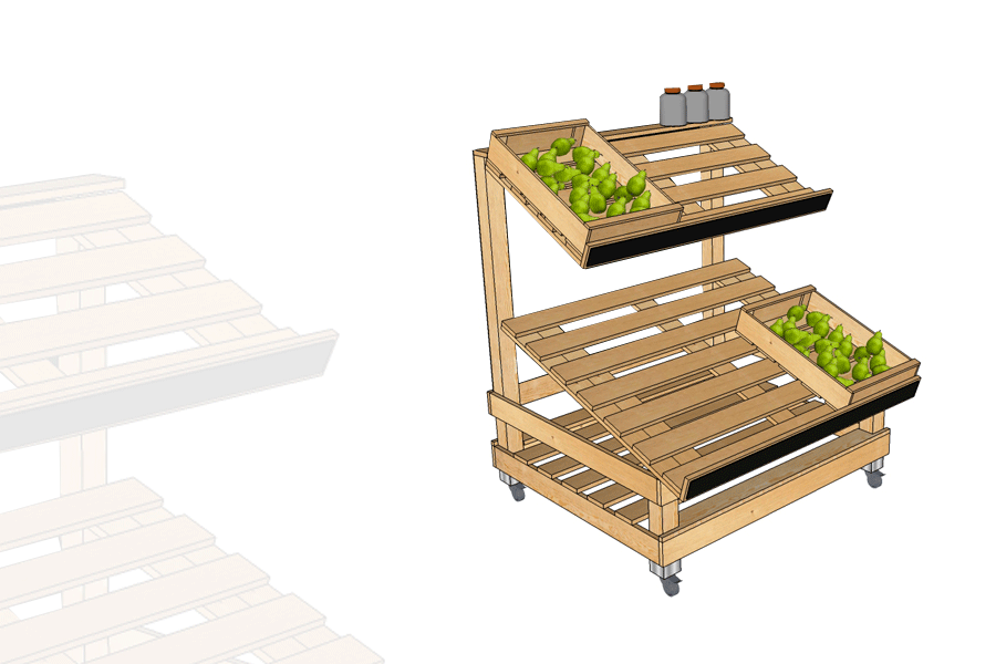 Étale marché fruits et légumes 2 niveaux surbaissé bois clair avec roulette et réglettes noires